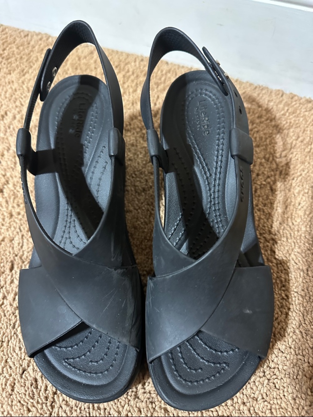 Women's Crocs Literide Brooklyn High Wedge Sandals Shoes Black Size 7
